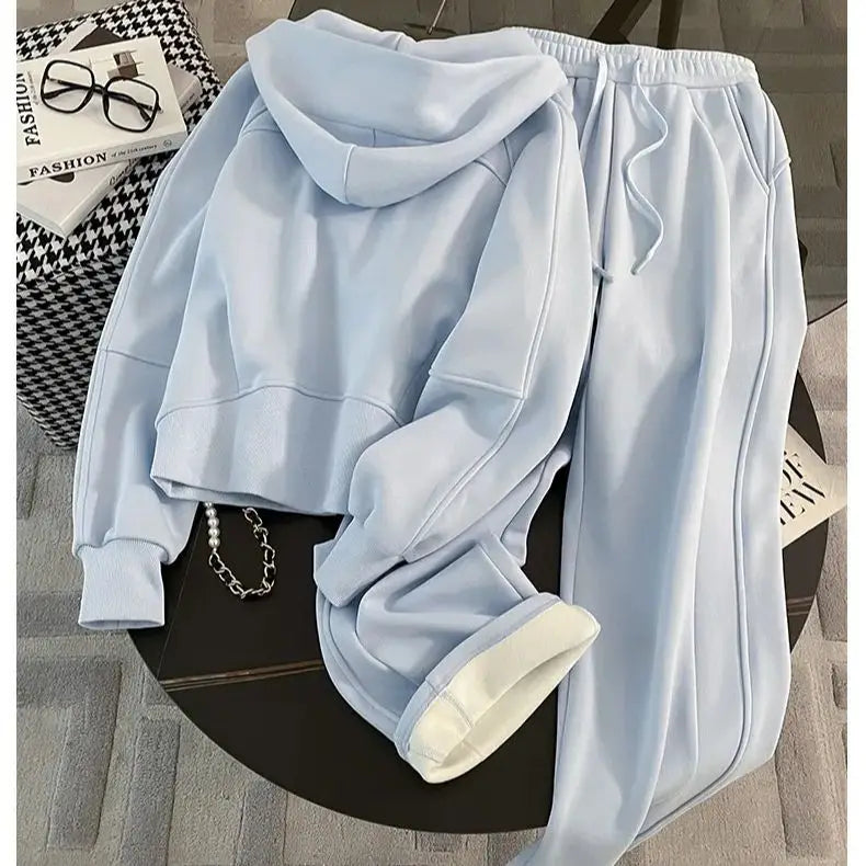 BESTBAFU Autumn Casual Pants Set Women Fashion Hooded Zipper Jacket+Drawstring Wide Leg Pants Solid Color Tracksuit 2pcs 006F