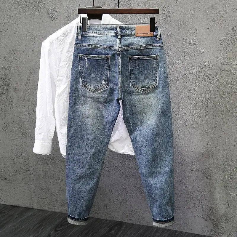 Jeans Ripped Trendy High Street Men's Long Pants Men's Brand Knees 2026 New Spring Autumn Slim Feet Streetwear Men Blue Jeans
