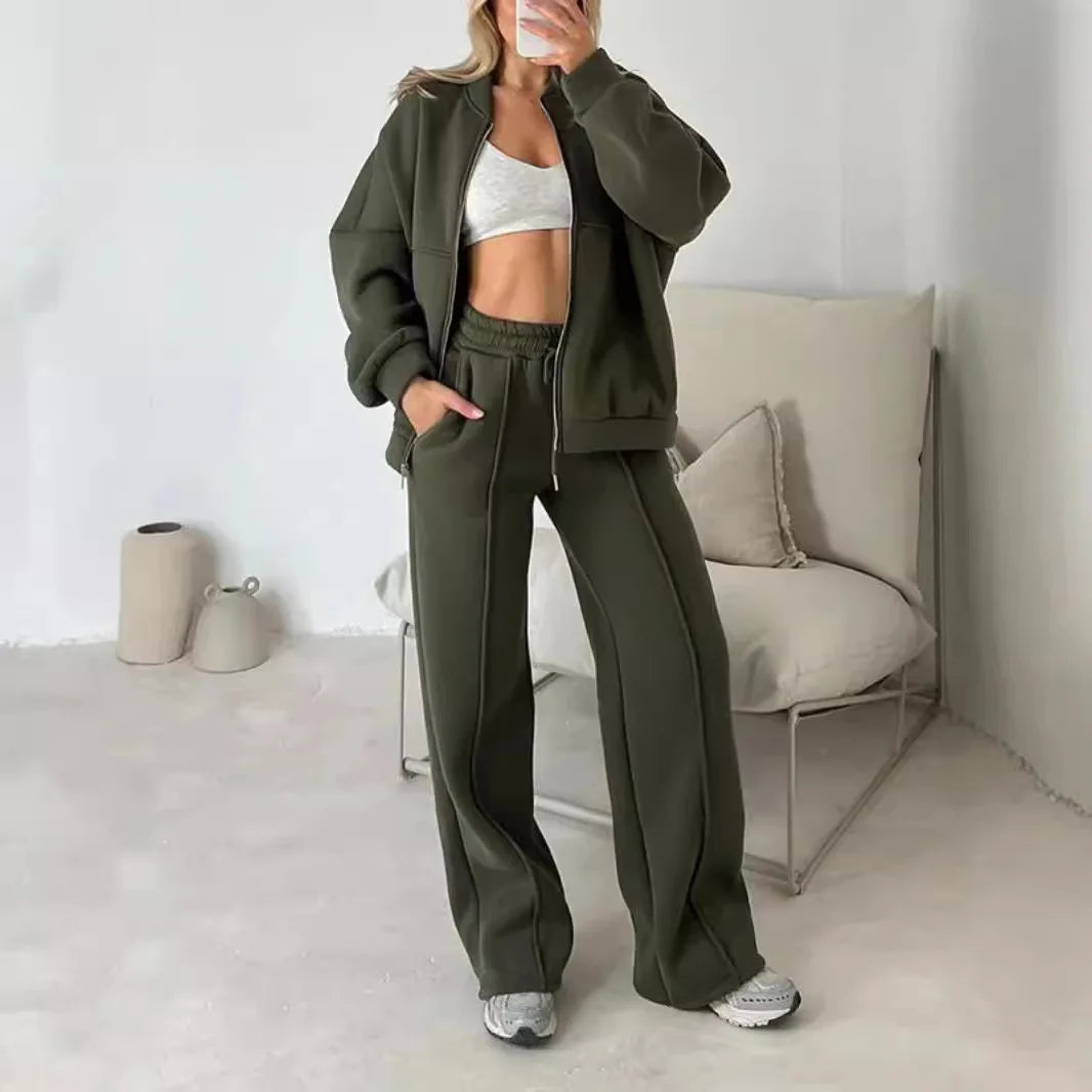 Tracksuit Women Two Pieces Pant Sets Sweatshirts Zipper Long Sleeve Straight Pants Drawstring Pocket Sports Autumn Winter