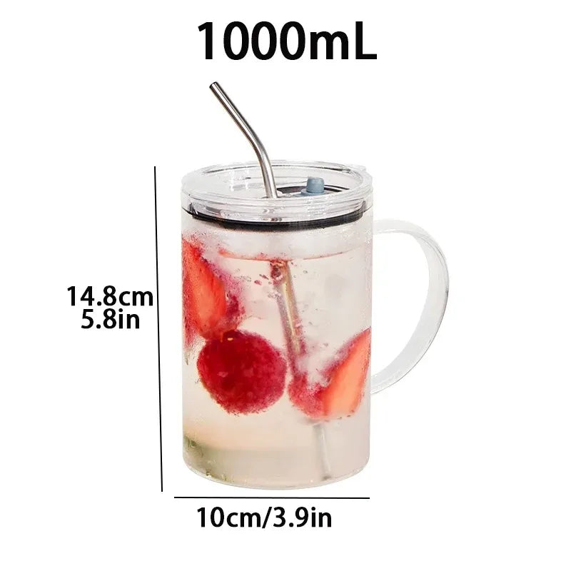 1000ml Large Capacity Glass Tumbler with Lid & Straw - Graduated Markings, Leakproof Design for Iced Coffee & Cold Beverages