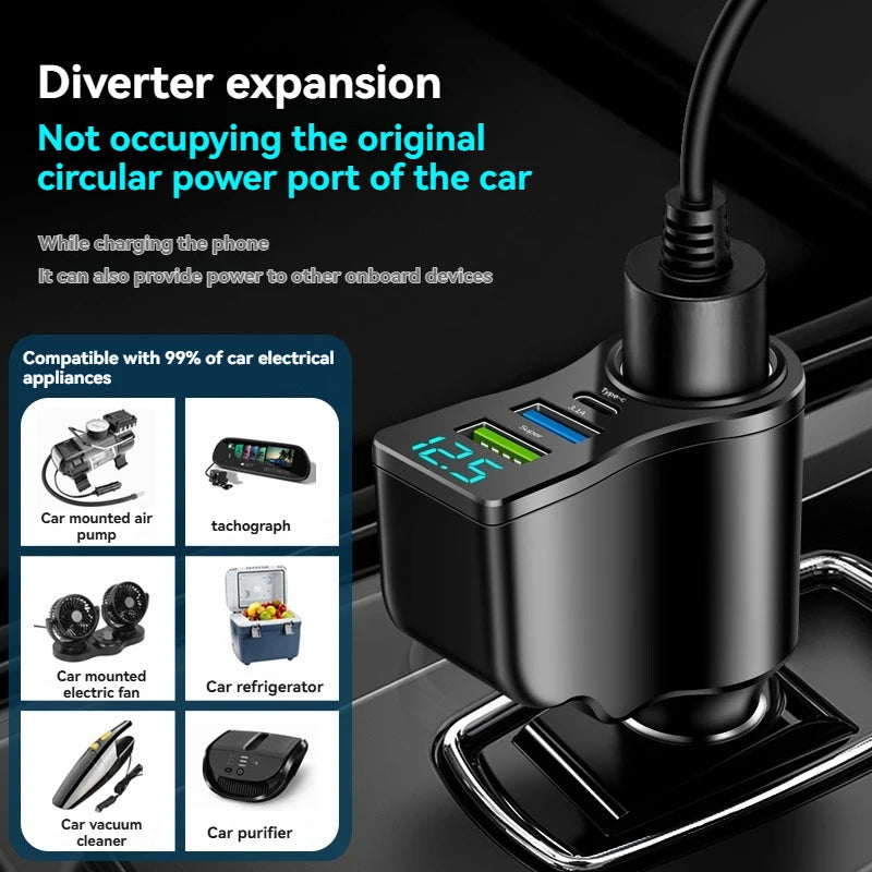 One can drag and carry four mobile phone chargers. It supports super-fast charging and has real-time voltage display.