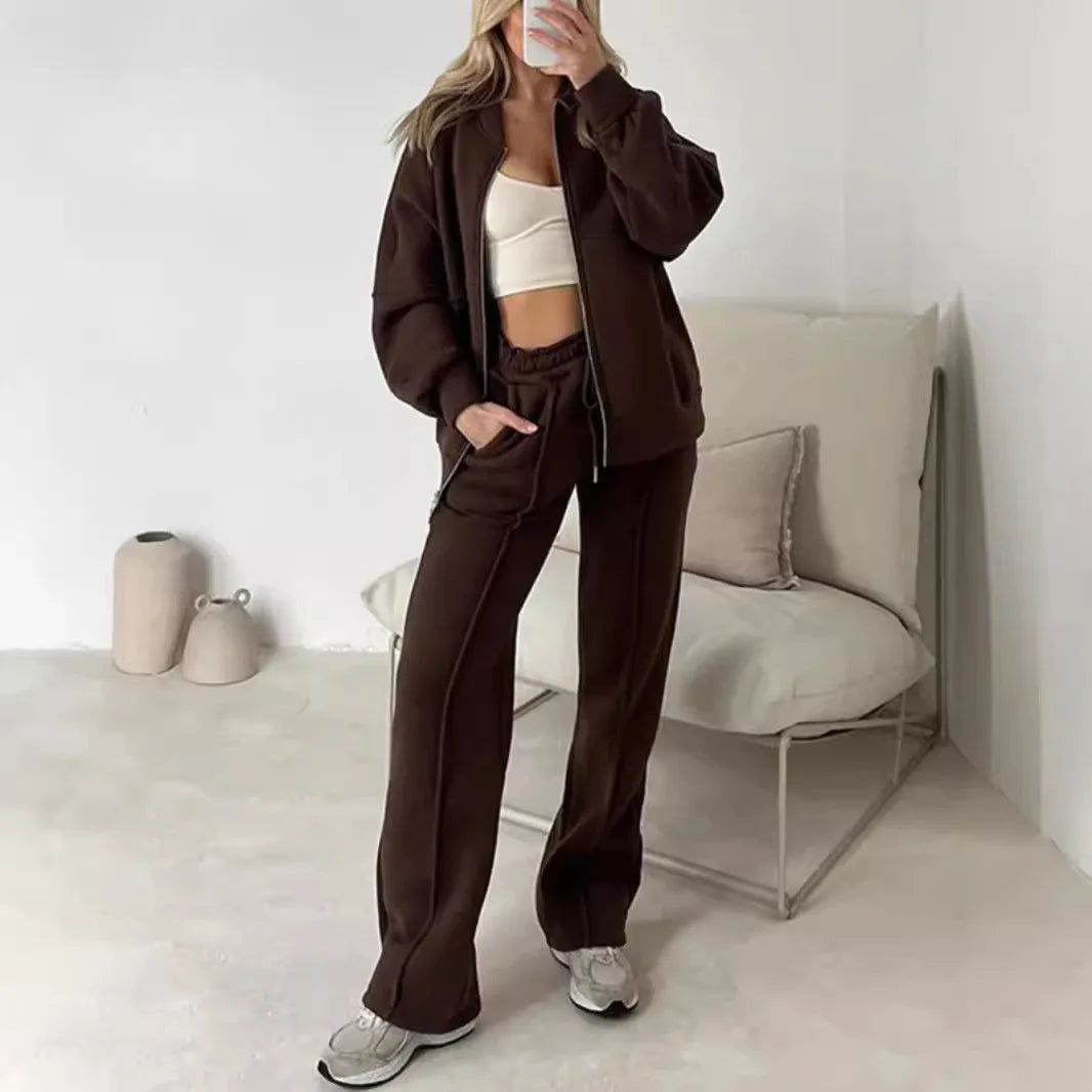 Tracksuit Women Two Pieces Pant Sets Sweatshirts Zipper Long Sleeve Straight Pants Drawstring Pocket Sports Autumn Winter
