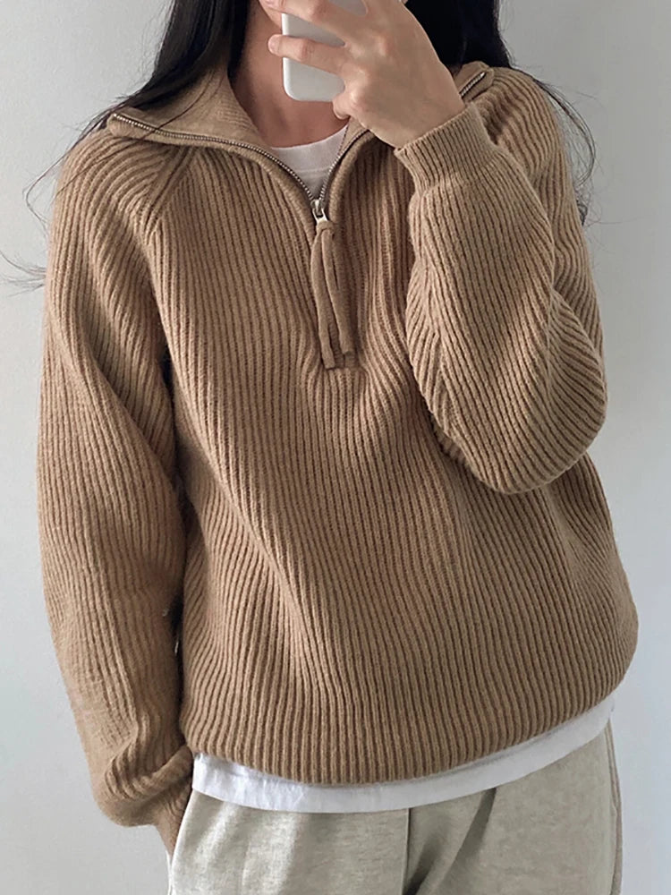 Women's Sweater Loose Zippers Turtleneck Warm Solid Pullover Knitwear Basic Female Tops Autumn Winter Sweaters