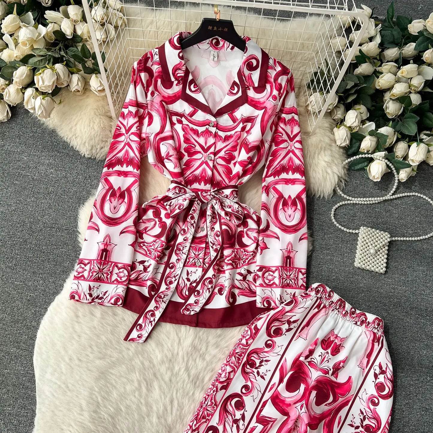 Pant Set Women Two Piece Sets Turn Down Collar Matching Sets Print Casual Loose Tops Wide Leg Long Pants Lace Up High Waist