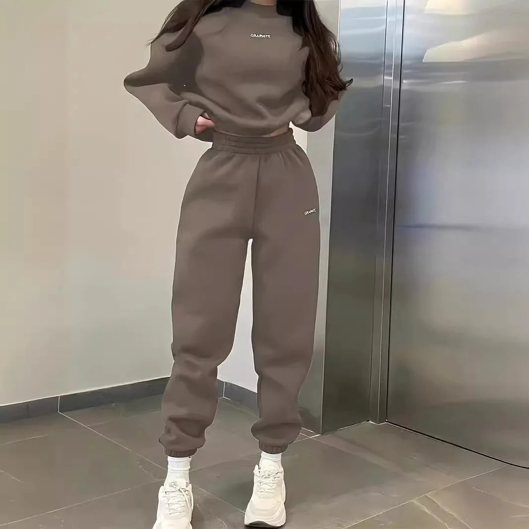 Solid Color Sports Style Long-sleeved Pullover Sweatshirt + Trousers 2 Piece Sets Women Outfit