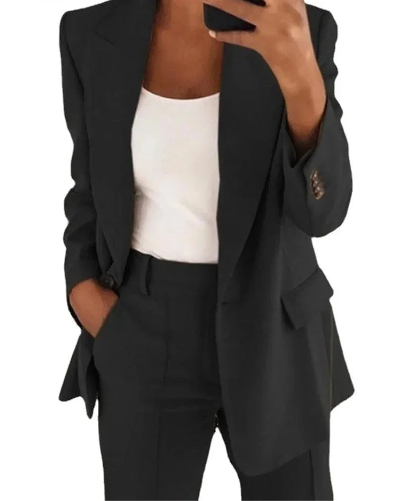 Women Suits 2 Pieces Set Fashion Lapels Single-button Coat Straight Leg Slim Pants Elegant Commuter Casuals Outfit Available 5XL