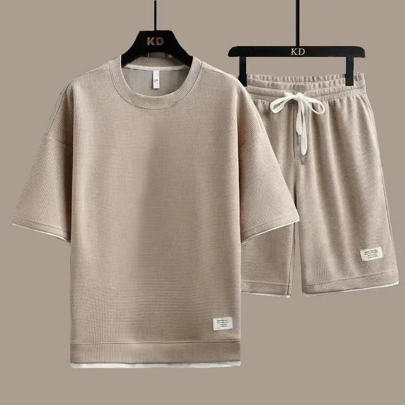2026 New Summer Men's Fashion Fashion Fashion Brand Casual Sports Set Round Neck Loose Short sleeved Shorts Waffle Two Piece Set