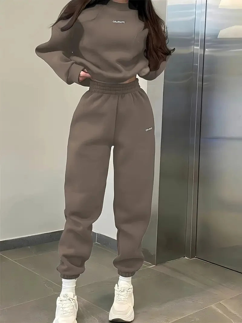 Solid Color Sports Style Long-sleeved Pullover Sweatshirt + Trousers 2 Piece Sets Women Outfit