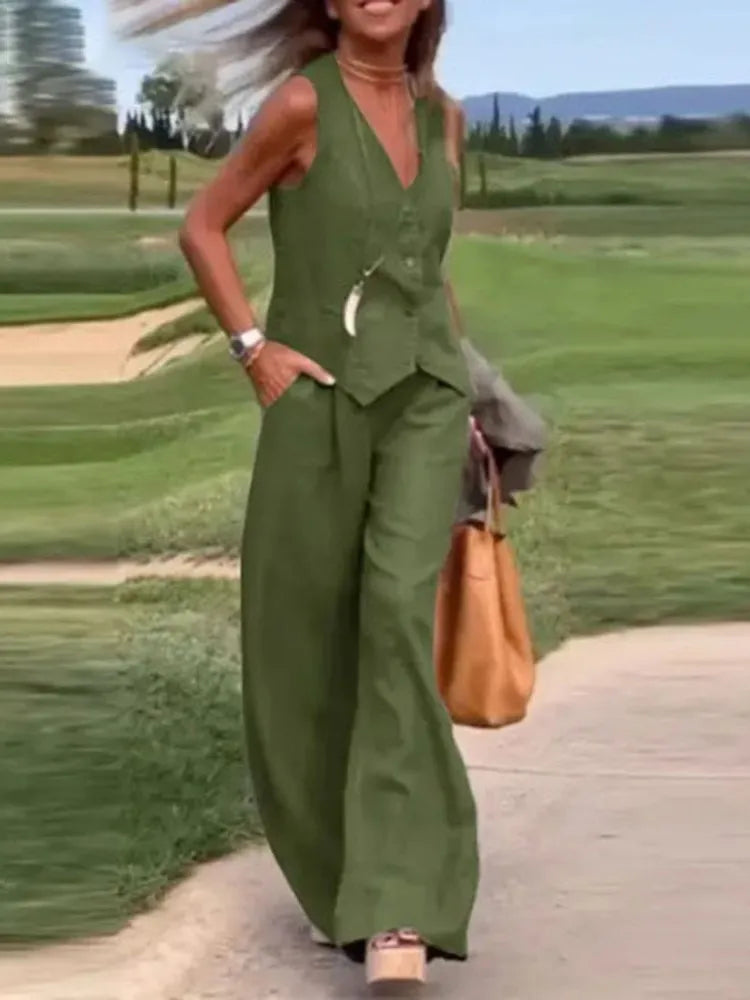 Casual Tank And Wide Leg Pant Sets 2 Piece Sets Women Outfit Summer Elegant Solid Cotton Linen Tops Trousers Suit Femme 5XL