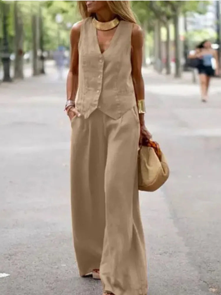 Casual Tank And Wide Leg Pant Sets 2 Piece Sets Women Outfit Summer Elegant Solid Cotton Linen Tops Trousers Suit Femme 5XL
