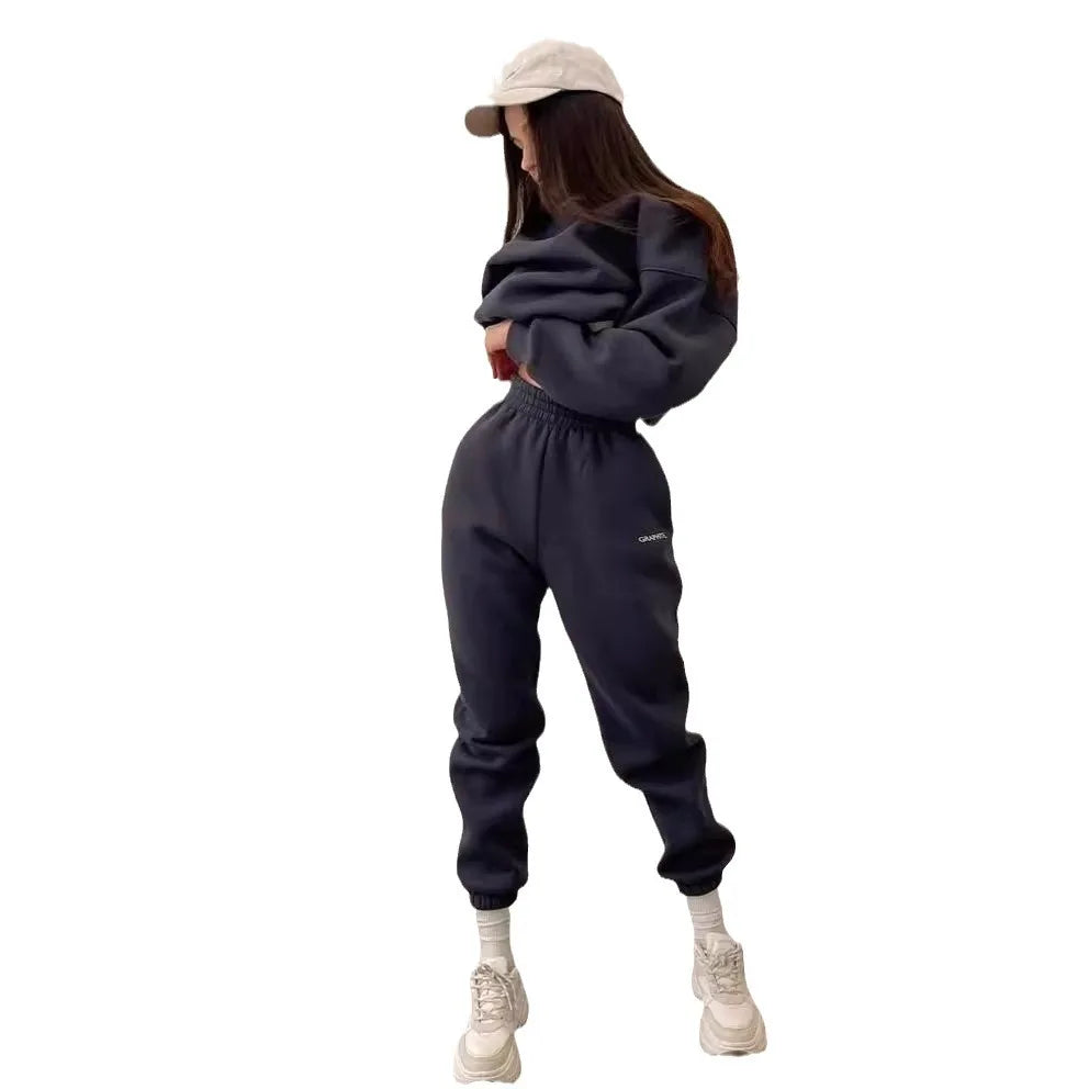 Solid Color Sports Style Long-sleeved Pullover Sweatshirt + Trousers 2 Piece Sets Women Outfit