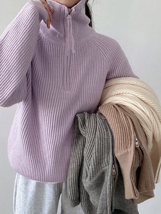 Women's Sweater Loose Zippers Turtleneck Warm Solid Pullover Knitwear Basic Female Tops Autumn Winter Sweaters