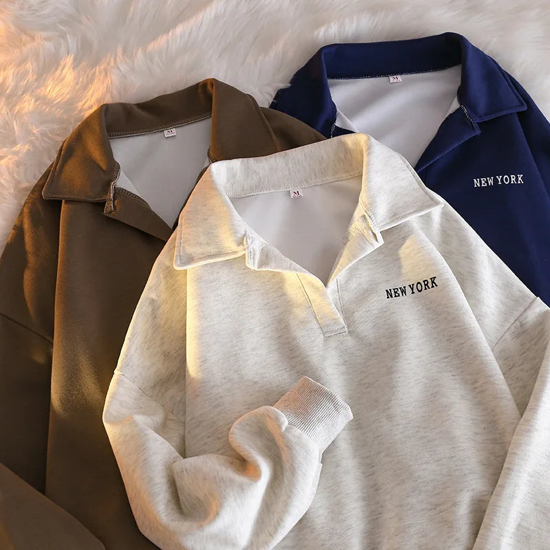 Women Sweatshirt Turn Down Collar Hoodies Letter Sweatshirts Long Sleeve Pullovers Casual Loose Fit Sports Slight Strech