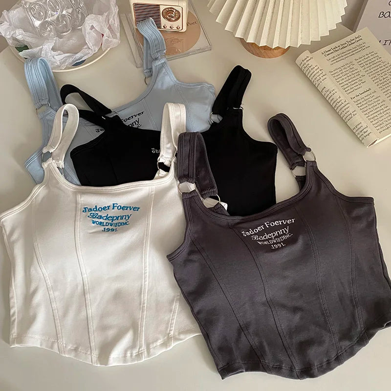 Women Embroid Letter Tank Tops Casual Camis Y2K Crop Tops For Women Shoulder Belt Iron Ring Tank Tops