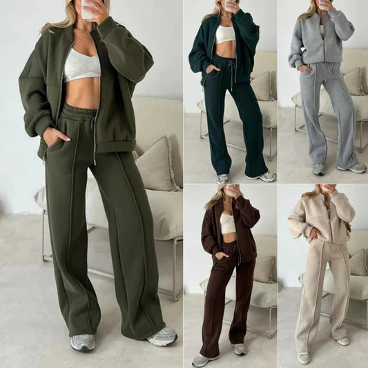 Tracksuit Women Two Pieces Pant Sets Sweatshirts Zipper Long Sleeve Straight Pants Drawstring Pocket Sports Autumn Winter