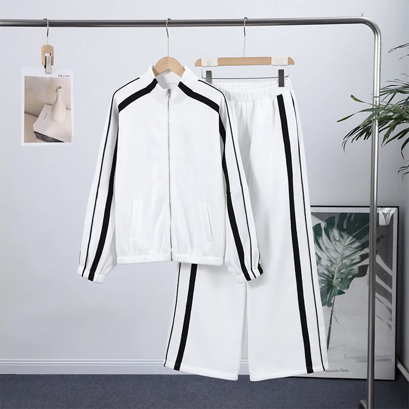 Stripe Contrasted Sweatshirt Pant Set Women Casual Stand Collar Full Sleeve Zippers Sport Coat Wide Leg Trousers 2 Piece Sets