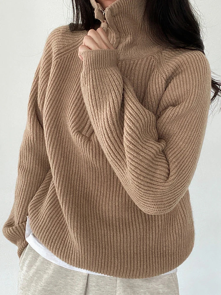 Women's Sweater Loose Zippers Turtleneck Warm Solid Pullover Knitwear Basic Female Tops Autumn Winter Sweaters