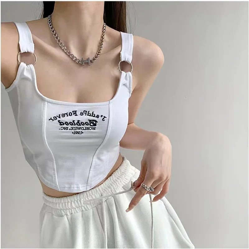Women Embroid Letter Tank Tops Casual Camis Y2K Crop Tops For Women Shoulder Belt Iron Ring Tank Tops