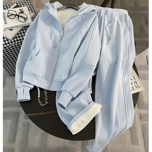 BESTBAFU Autumn Casual Pants Set Women Fashion Hooded Zipper Jacket+Drawstring Wide Leg Pants Solid Color Tracksuit 2pcs 006F