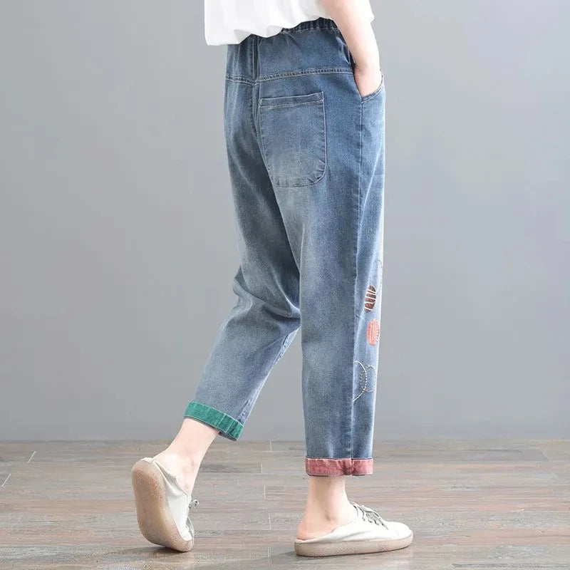 High waisted Jeans for women 2026 Spring Autumn New Korean version Loose Embroidered patch fabric Nine point Harem Pants Female