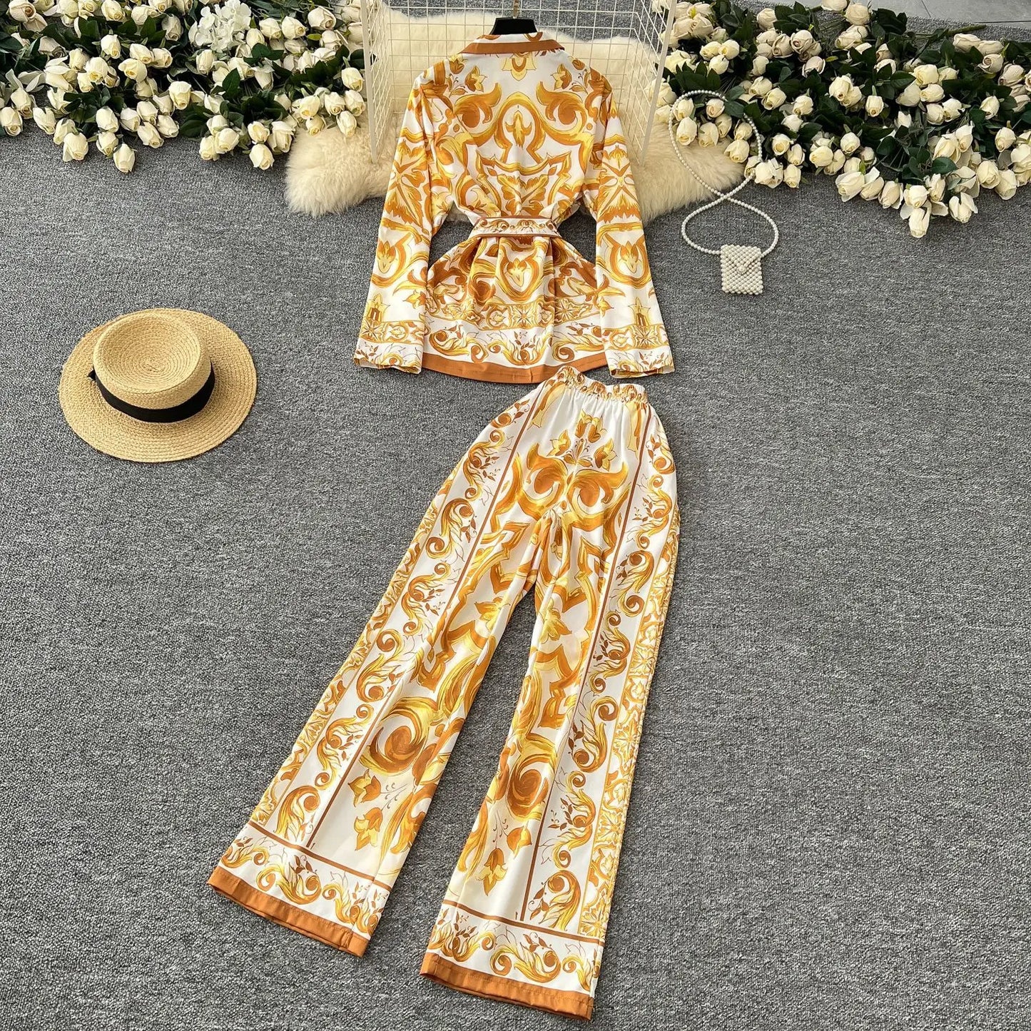 Pant Set Women Two Piece Sets Turn Down Collar Matching Sets Print Casual Loose Tops Wide Leg Long Pants Lace Up High Waist