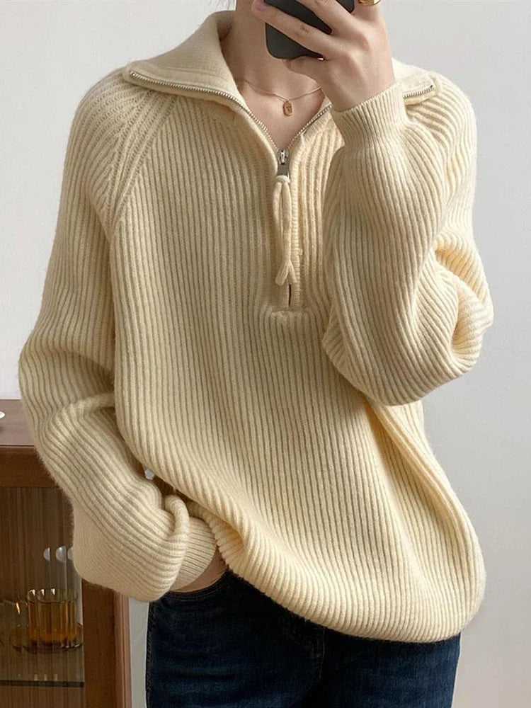 Women's Sweater Loose Zippers Turtleneck Warm Solid Pullover Knitwear Basic Female Tops Autumn Winter Sweaters