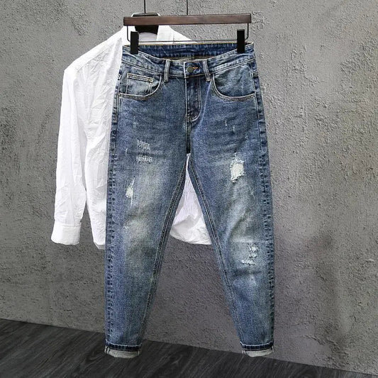 Jeans Ripped Trendy High Street Men's Long Pants Men's Brand Knees 2026 New Spring Autumn Slim Feet Streetwear Men Blue Jeans