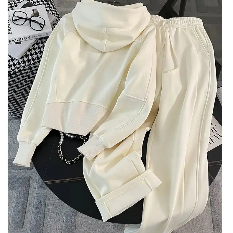 BESTBAFU Autumn Casual Pants Set Women Fashion Hooded Zipper Jacket+Drawstring Wide Leg Pants Solid Color Tracksuit 2pcs 006F