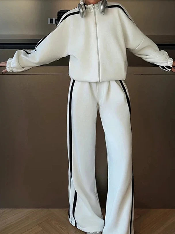 Stripe Contrasted Sweatshirt Pant Set Women Casual Stand Collar Full Sleeve Zippers Sport Coat Wide Leg Trousers 2 Piece Sets