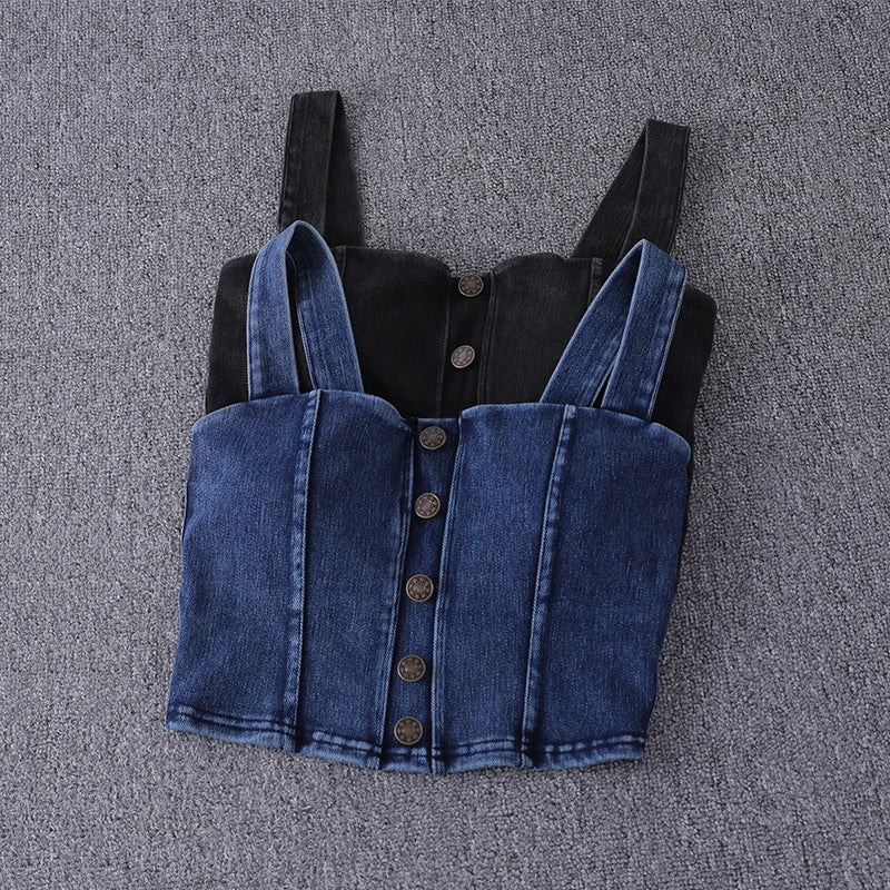 women's clothing Tops For Women crop top fashion button front shirred detail denim top