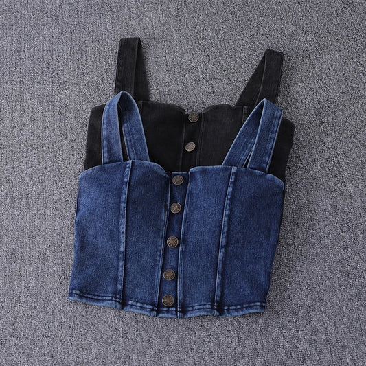 women's clothing Tops For Women crop top fashion button front shirred detail denim top