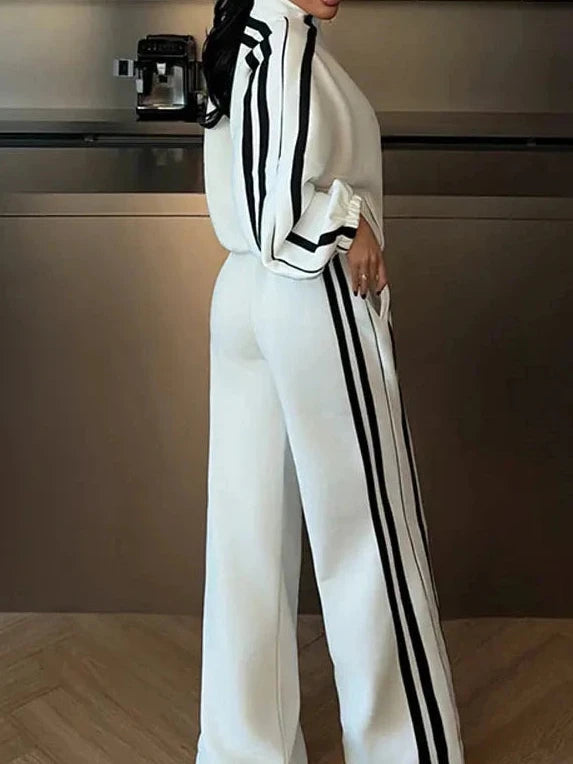Stripe Contrasted Sweatshirt Pant Set Women Casual Stand Collar Full Sleeve Zippers Sport Coat Wide Leg Trousers 2 Piece Sets