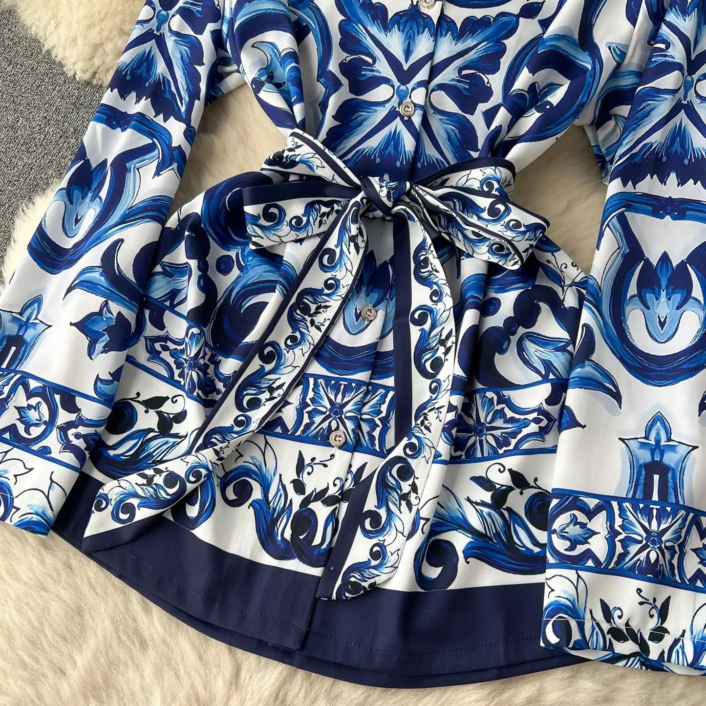 Pant Set Women Two Piece Sets Turn Down Collar Matching Sets Print Casual Loose Tops Wide Leg Long Pants Lace Up High Waist