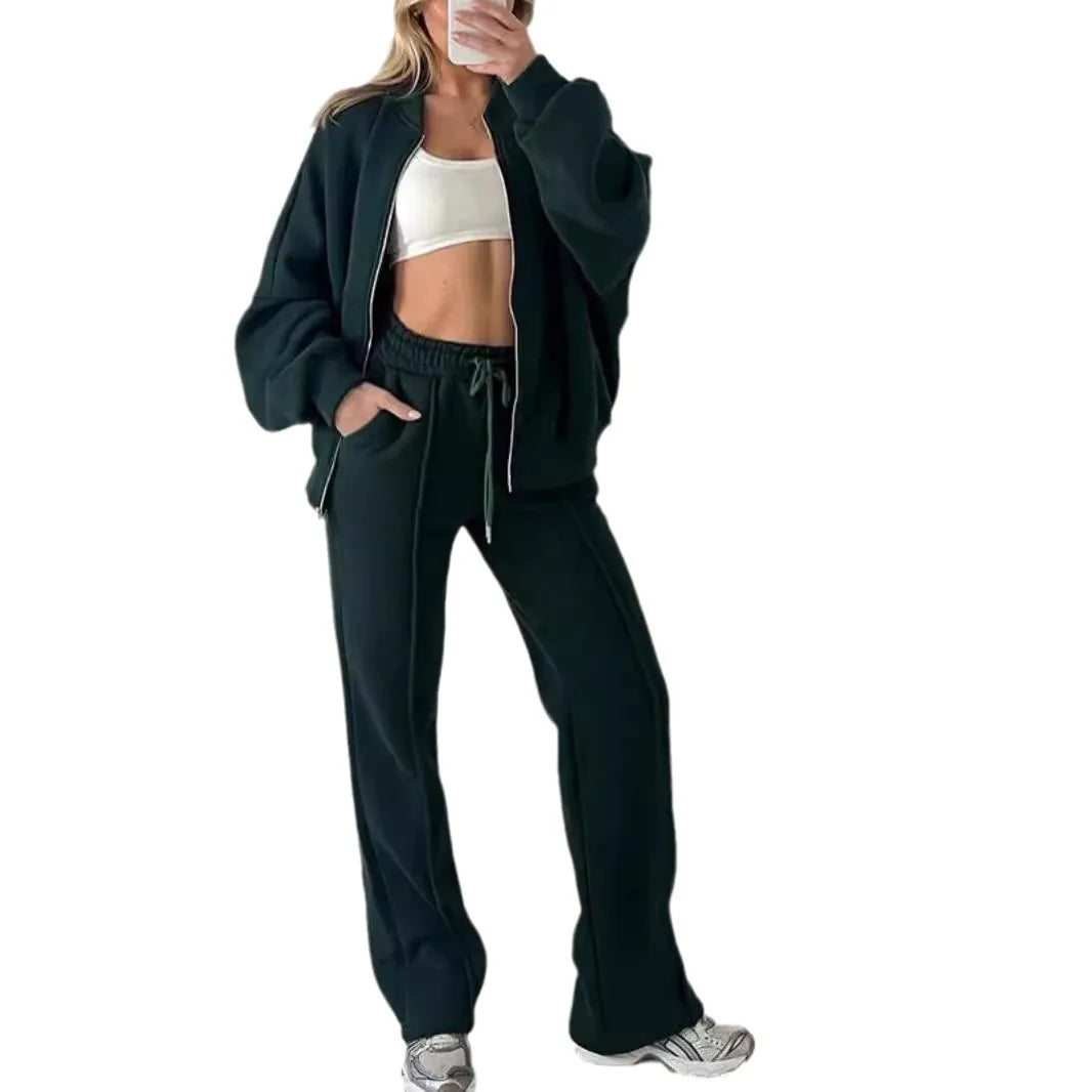 Tracksuit Women Two Pieces Pant Sets Sweatshirts Zipper Long Sleeve Straight Pants Drawstring Pocket Sports Autumn Winter