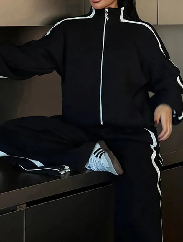 Stripe Contrasted Sweatshirt Pant Set Women Casual Stand Collar Full Sleeve Zippers Sport Coat Wide Leg Trousers 2 Piece Sets