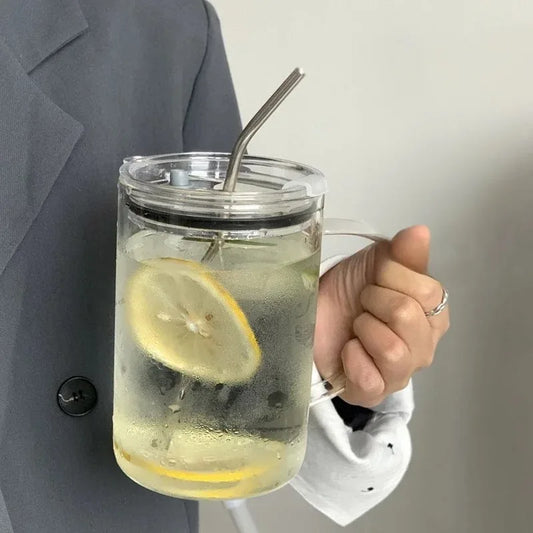 1000ml Large Capacity Glass Tumbler with Lid & Straw - Graduated Markings, Leakproof Design for Iced Coffee & Cold Beverages