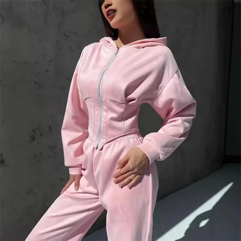 2026 New Women's Casual Sports Sets Sweatshirt Two-piece Suit Zipper-up Hooded  Short Jacket  Straight Trousers Sets