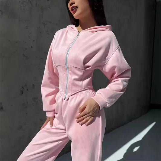 2026 New Women's Casual Sports Sets Sweatshirt Two-piece Suit Zipper-up Hooded  Short Jacket  Straight Trousers Sets