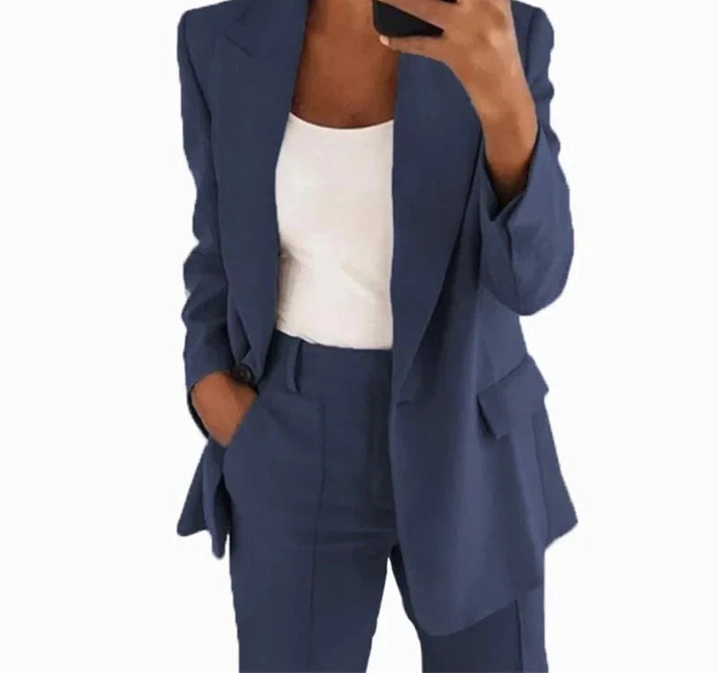 Women Suits 2 Pieces Set Fashion Lapels Single-button Coat Straight Leg Slim Pants Elegant Commuter Casuals Outfit Available 5XL
