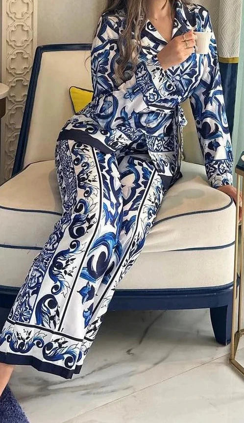 Pant Set Women Two Piece Sets Turn Down Collar Matching Sets Print Casual Loose Tops Wide Leg Long Pants Lace Up High Waist