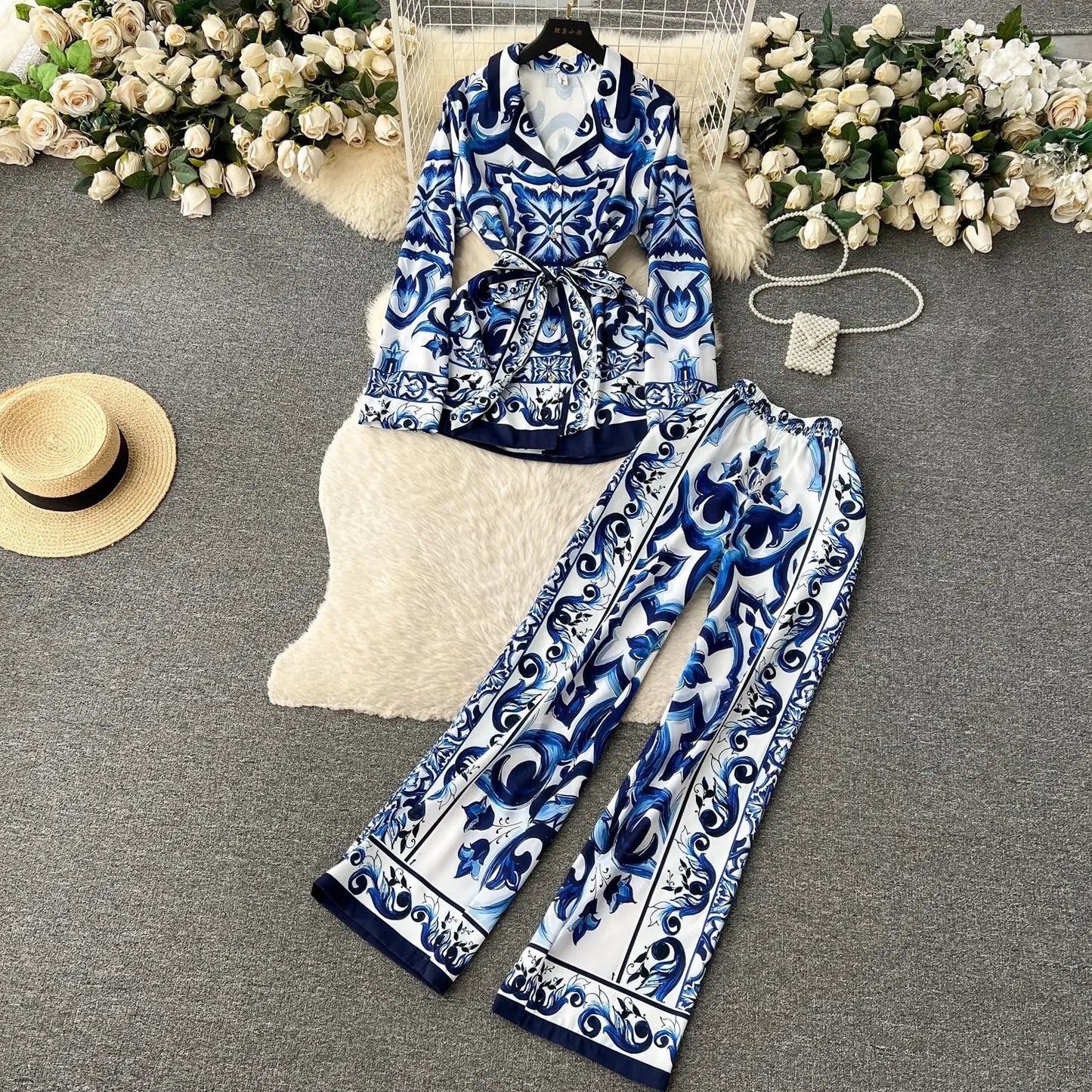 Pant Set Women Two Piece Sets Turn Down Collar Matching Sets Print Casual Loose Tops Wide Leg Long Pants Lace Up High Waist