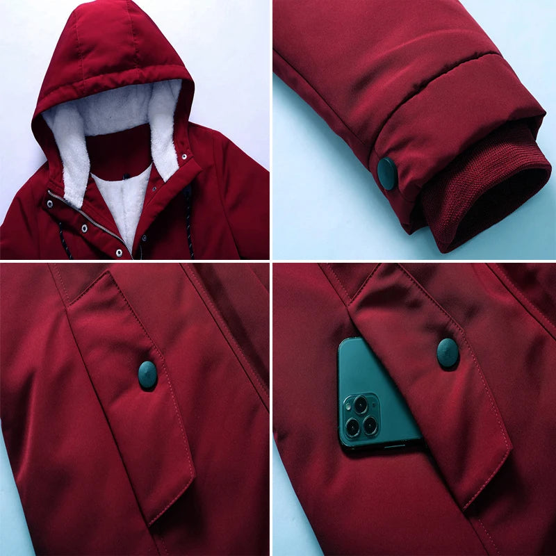 Winter Women Warm Parkas Hooded Retro Thick Plush Coats Female Fleece Lined Mid-Long Cotton Jacket Warm Coats Clothing