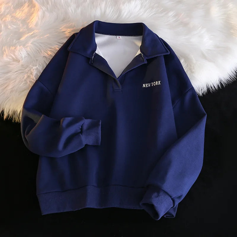 Women Sweatshirt Turn Down Collar Hoodies Letter Sweatshirts Long Sleeve Pullovers Casual Loose Fit Sports Slight Strech