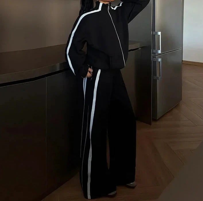 Stripe Contrasted Sweatshirt Pant Set Women Casual Stand Collar Full Sleeve Zippers Sport Coat Wide Leg Trousers 2 Piece Sets