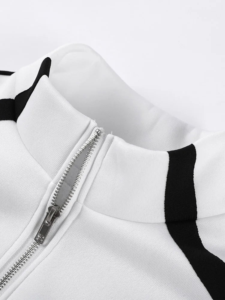 Stripe Contrasted Sweatshirt Pant Set Women Casual Stand Collar Full Sleeve Zippers Sport Coat Wide Leg Trousers 2 Piece Sets