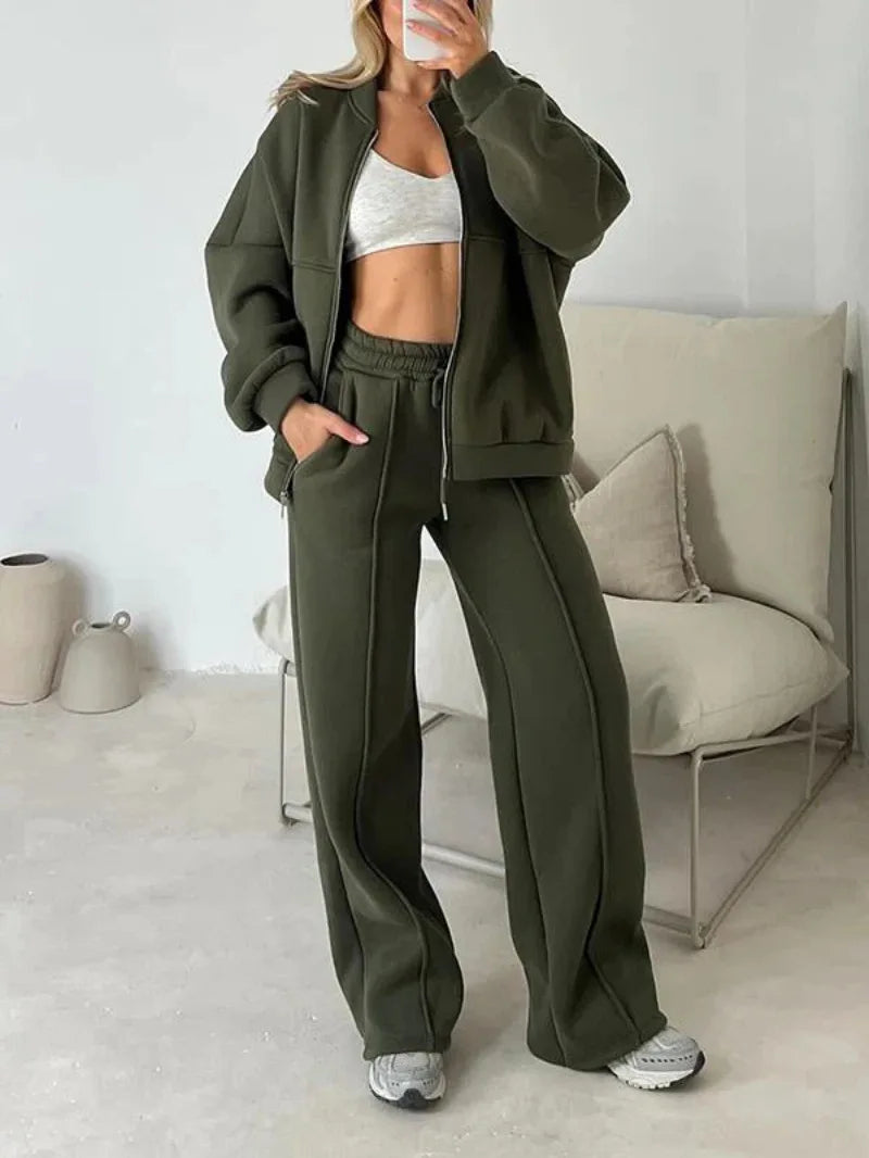 Tracksuit Women Two Pieces Pant Sets Sweatshirts Zipper Long Sleeve Straight Pants Drawstring Pocket Sports Autumn Winter