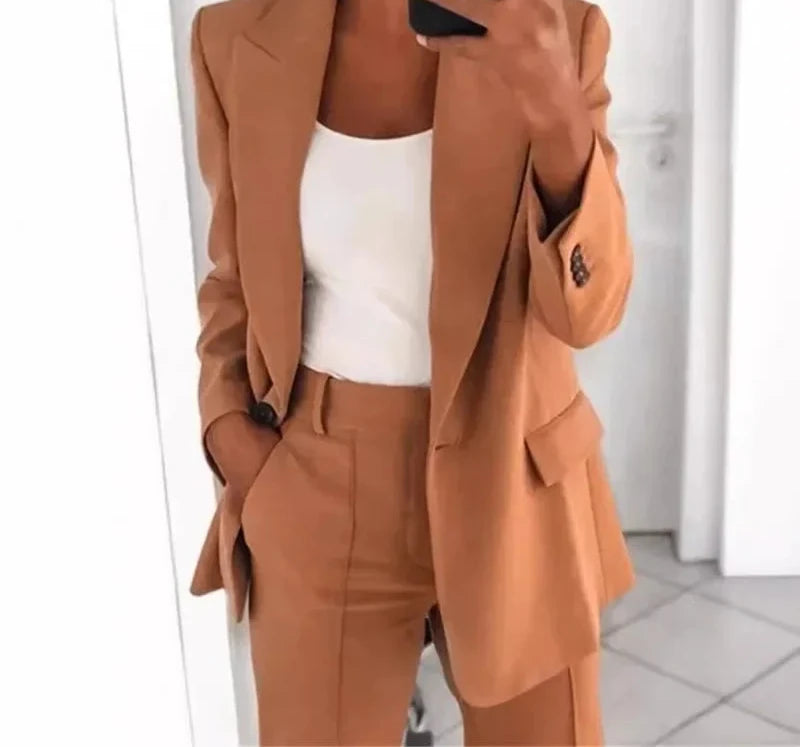 Women Suits 2 Pieces Set Fashion Lapels Single-button Coat Straight Leg Slim Pants Elegant Commuter Casuals Outfit Available 5XL