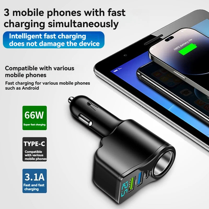 One can drag and carry four mobile phone chargers. It supports super-fast charging and has real-time voltage display.