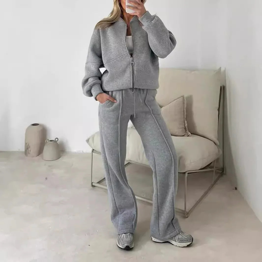 Tracksuit Women Two Pieces Pant Sets Sweatshirts Zipper Long Sleeve Straight Pants Drawstring Pocket Sports Autumn Winter