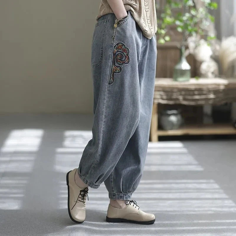 High waisted Jeans for women 2026 Spring Autumn New Korean version Loose Embroidered patch fabric Nine point Harem Pants Female